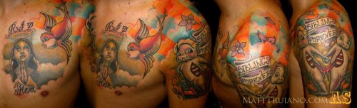 Colored Flying Bird And Angel Chest Tattoo
